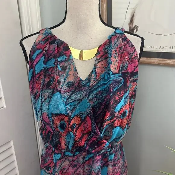 Thalia & Sodi Dress Large Blue Maxi Abstract Print Fairy Spring Goddess Glam - Picture 2 of 10